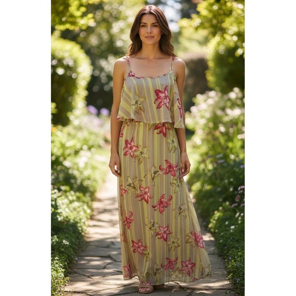 Gianni Bini Floral Maxi Dress Sheer Overlay Striped Pink Lily Spaghetti Strap XS